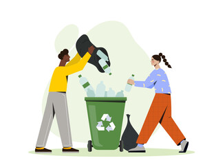 Sustainable lifestyle poster. Man and woman with plastic bottles near green trashcan. Zero waste, recycling and reuse. Care about nature and ecology, environment. Cartoon flat vector illustration