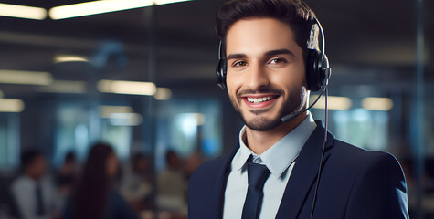 Portrait of smiling male customer support phone operator at office. Call center and customer service concept - obrazy, fototapety, plakaty