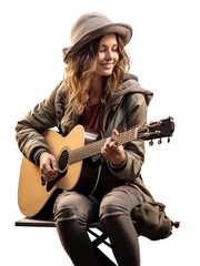 Young woman musician busking playing acoustic guitar outdoors in street. Isolated on transparent, png.  - obrazy, fototapety, plakaty
