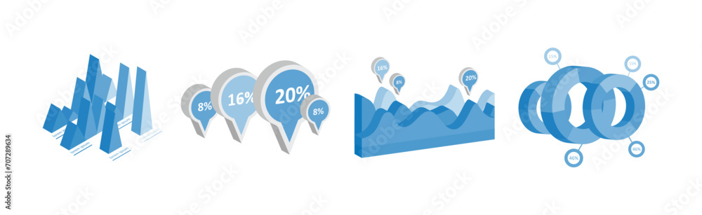 Aufkleber blue isometric infographic elements with chart and diagram vector set