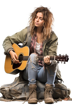 Young woman busking playing acoustic guitar outdoors in street. Isolated on transparent, png. 