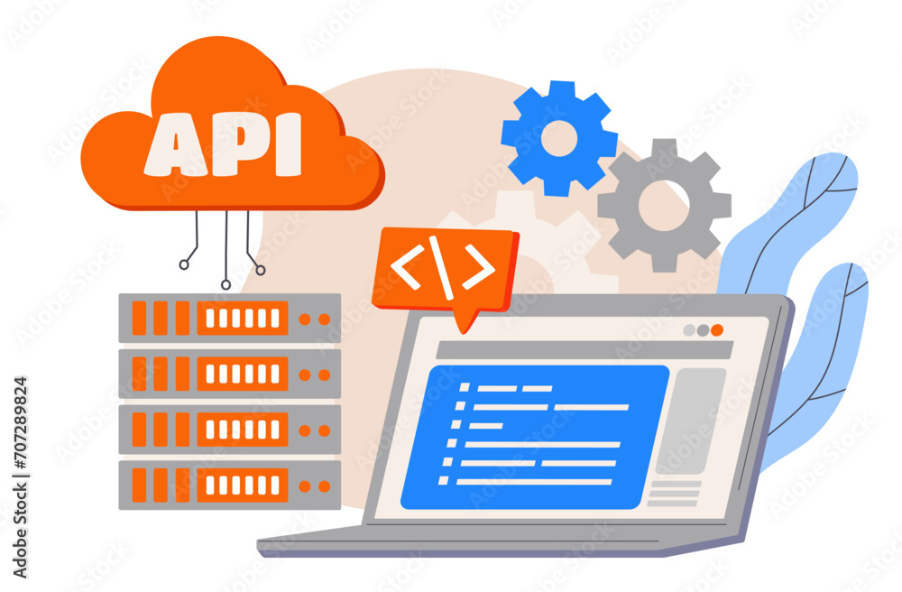 Poster api technology concept. laptop near server. cloud service and technology. wireless connection, excha