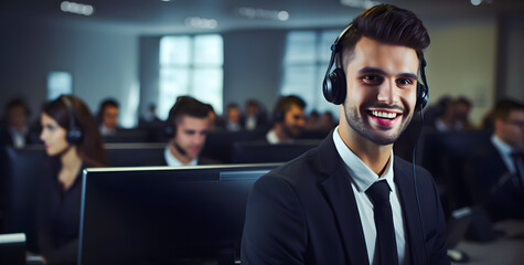 Fototapeta premium Portrait of smiling male customer support phone operator at office. Call center and customer service concept