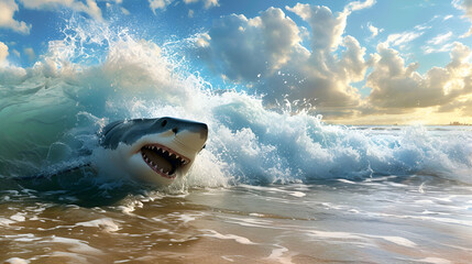 white shark in a waves of ocean rolling in to sandy shore