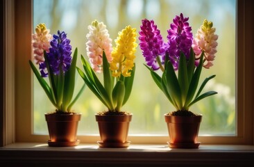 Colorful hyacinths in a pot by the window. Flower Cultivation, Spring