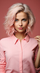 Portrait of beautiful young woman with pink hair on pink background .