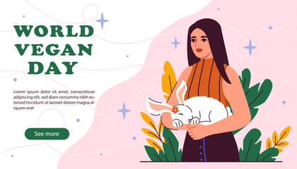 World vegan day poster. International holiday and festival of awareness. Healthy eating and proper nutrition. Landing page design. Stop cruelty against animals. Cartoon flat vector illustration