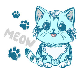 Cute blue baby boy kitten, little cat with meow inscription and paw, cartoon vector illustration
