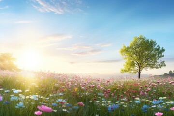 a serene meadow, adorned with vibrant wildflowers and bathed in the soft glow of the morning sun.