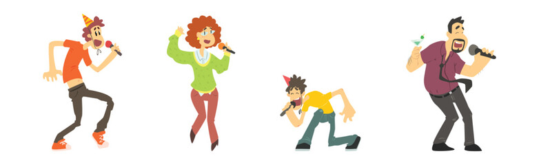 People Singing in Karaoke Stand with Microphone Vector Set