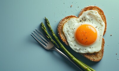 a heart shaped fried egg on toast and a fork with asparagus on blue background.