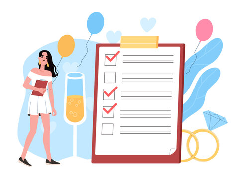 Woman with wedding organizer. Young girl near to do list and planner. Marriage ceremony, event and party. Character with colorful balloons and champagne in glass. Cartoon flat vector illustration