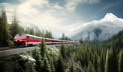 a train traveling through a mountainous area with trees in front of it.