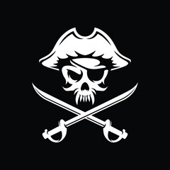 Pirate Skull Logo Design. With Two Swords bellow it. Vector illustration