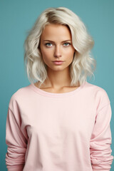 Obraz premium Portrait of a beautiful young woman in a pink sweater on a blue background