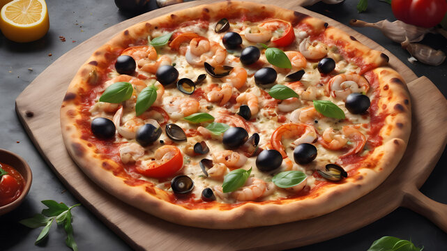 Tasty fresh pizza with seafood on table