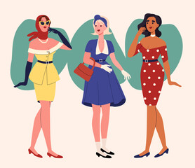 Women 50s set. Fashionable young girls un trendy clothes and colorful dresses. Old europe citizens. Aesthetics and elegance, beauty. Cartoon flat vector collection isolated on white background