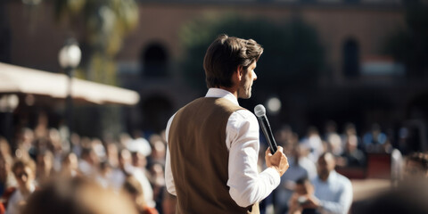 A confident businessman delivering a professional speech with a microphone during an outdoor event.