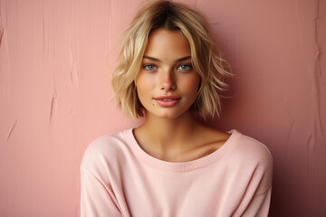 Fototapeta premium Portrait of a beautiful young blonde woman in a pink sweater .