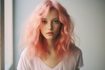 Portrait of a girl with pink hair on a white background .