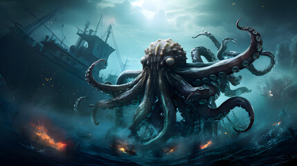 Fantasy scene with kraken of giant octopus and ship in the sea. Horror concept. 3D Rendering - obrazy, fototapety, plakaty