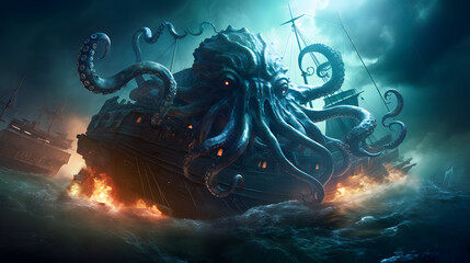 Fantasy scene with kraken of giant octopus and ship in the sea. Horror concept. 3D Rendering - obrazy, fototapety, plakaty