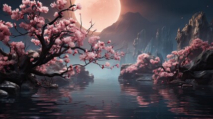 Moonlit oriental landscape with sakura cherry trees and floating petals