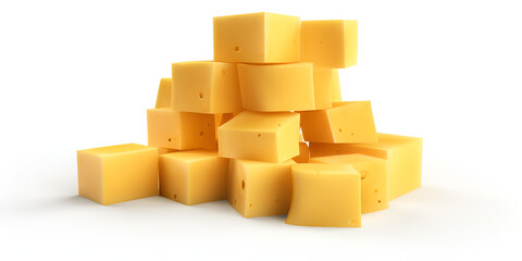 Cubes of cheddar cheese isolated in plate on white,,
Mango cubes and slices isolated
 - obrazy, fototapety, plakaty