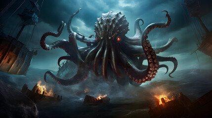Fototapeta premium Fantasy scene with kraken of giant octopus and ship in the sea. Horror concept. 3D Rendering