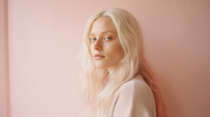 Portrait of a beautiful blonde girl with long hair in a pink sweater on a pink background
