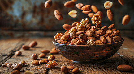 Pack of healthy almonds in a bowl, a nutritious healthy food for improving heart health - obrazy, fototapety, plakaty