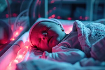 Premature Baby:Witness the delicate journey of a newborn baby inside an incubator in the hospital, receiving specialized care as a premature miracle unfolds in the realm of neonatal health. - obrazy, fototapety, plakaty
