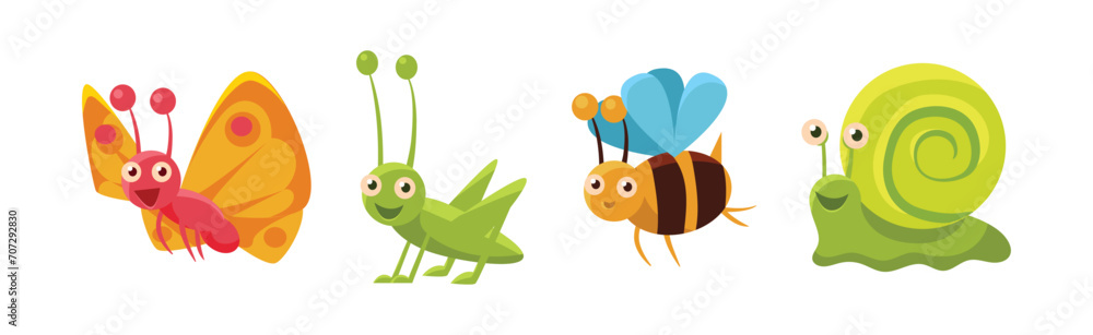 Poster Funny Insect Small Crawling Animal Vector Set