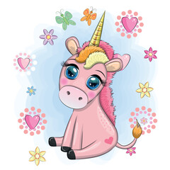 Pink unicorn pony sitting. Cute baby card, baby girl with big eyes