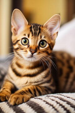 Cute bengal kitty cat laying on sofa and looking at camera
