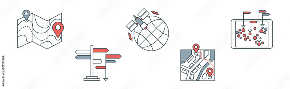 Poster navigation and route direction simple line icon vector set