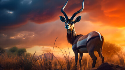 Springbok or Impala antelope (Aepyceros melampus) on the grassland at sunset. African national symbol - obrazy, fototapety, plakaty