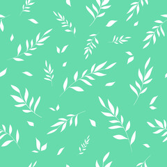 Seamless pattern with white leaves on green background.