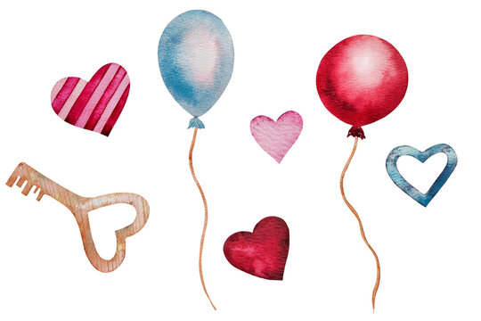 Set of watercolor hearts, red and blue balloon and key. Hand drawn romantic art for lovers cards, wedding design. Cliparts for Valentine's Day decoration, design on the theme of love, passion