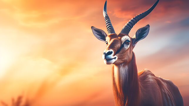 Springbok or Impala antelope (Aepyceros melampus) on the grassland at sunset. African national symbol