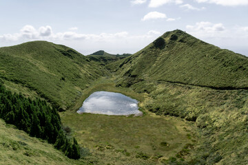 view from a hill on a crater lake in Sao Miguel