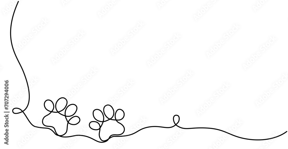 Poster drawing the paw of a dog or cat with a continuous line. footprint design. one line art paw print. ve