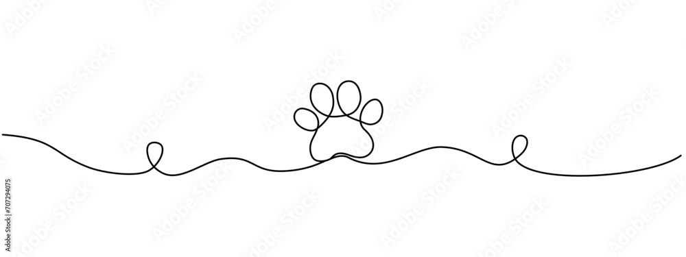 Poster drawing the paw of a dog or cat with a continuous line. footprint design. one line art paw print. ve