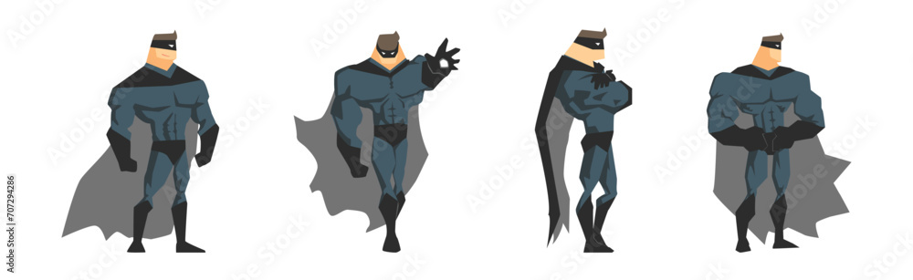 Sticker Man Superhero Character in Cloak and Mask in Different Pose Vector Set