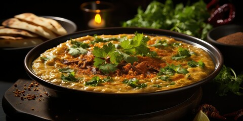 Haleem Culinary Classic, A Visual Symphony of Slow-Cooked Lentils, Meat, and Wheat, Marinated in Spices, Capturing Flavorful  - obrazy, fototapety, plakaty