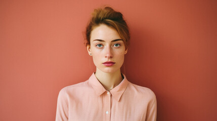 Portrait of a beautiful red-haired girl in a pink shirt .