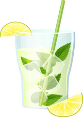 Mojito mint drink concept with lemon piece icon, delicious alcoholic beverage, taste refreshment cartoon vector illustration, isolated on white. Glass cup with straw, green leaf peppermint.