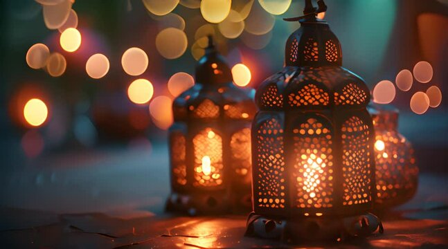 Ramadan warm lights lantern, islamic muslim holiday background with eid lantern or lamp