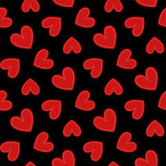 Small red hearts isolated on a black background. Cute seamless pattern. Vector simple flat graphic illustration. Texture.