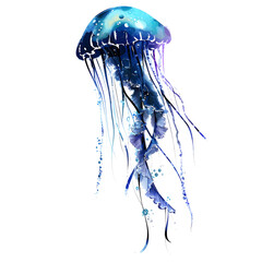 Surreal floating jellyfish and underwater scene isolated on white background, silhouette, png
